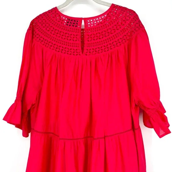 Merlette NY Paradis Eyelet Tiered Midi Dress Sz XXL Pink 100% Cotton Puff Sleeve